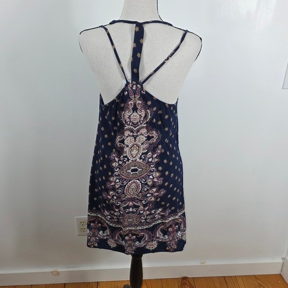 Angie Paisley Mini Dress Womens Medium Navy Blue Boho T-Back Rayon Festival - Picture 3 of 5